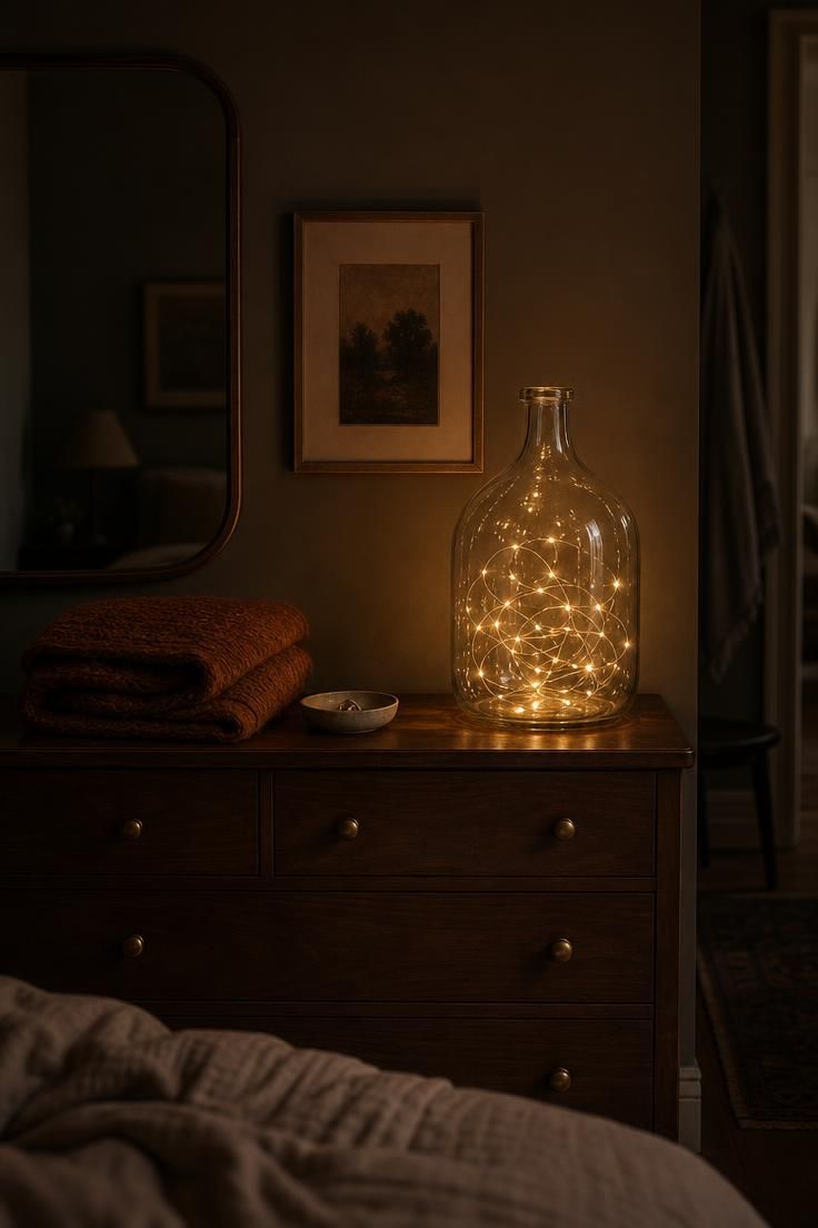 10 Cozy Fall Decor Ideas on a Budget for Every Room 9 Fairy lights coiled inside a clear glass jug glowing softly on a dark bedroom dresser
