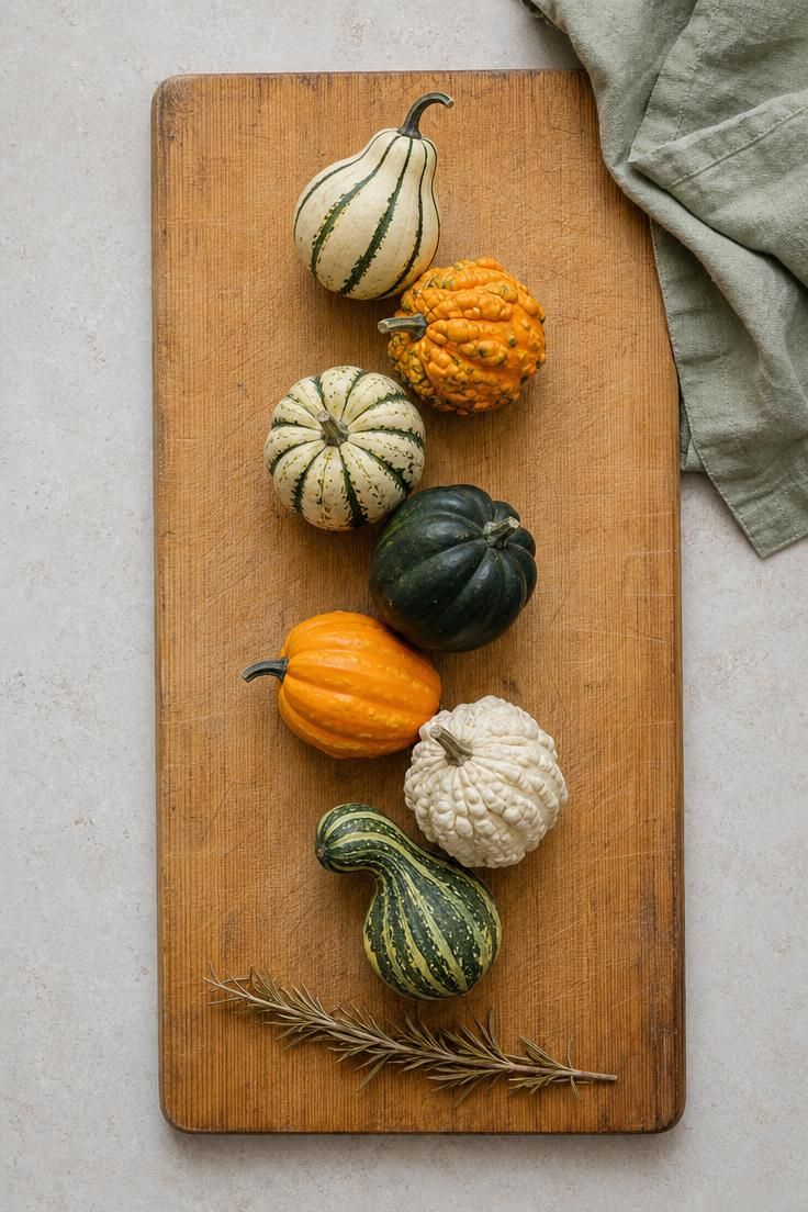 10 Cozy Fall Decor Ideas on a Budget for Every Room 10 Mini ornamental gourds from the produce aisle lined up on a wooden cutting board