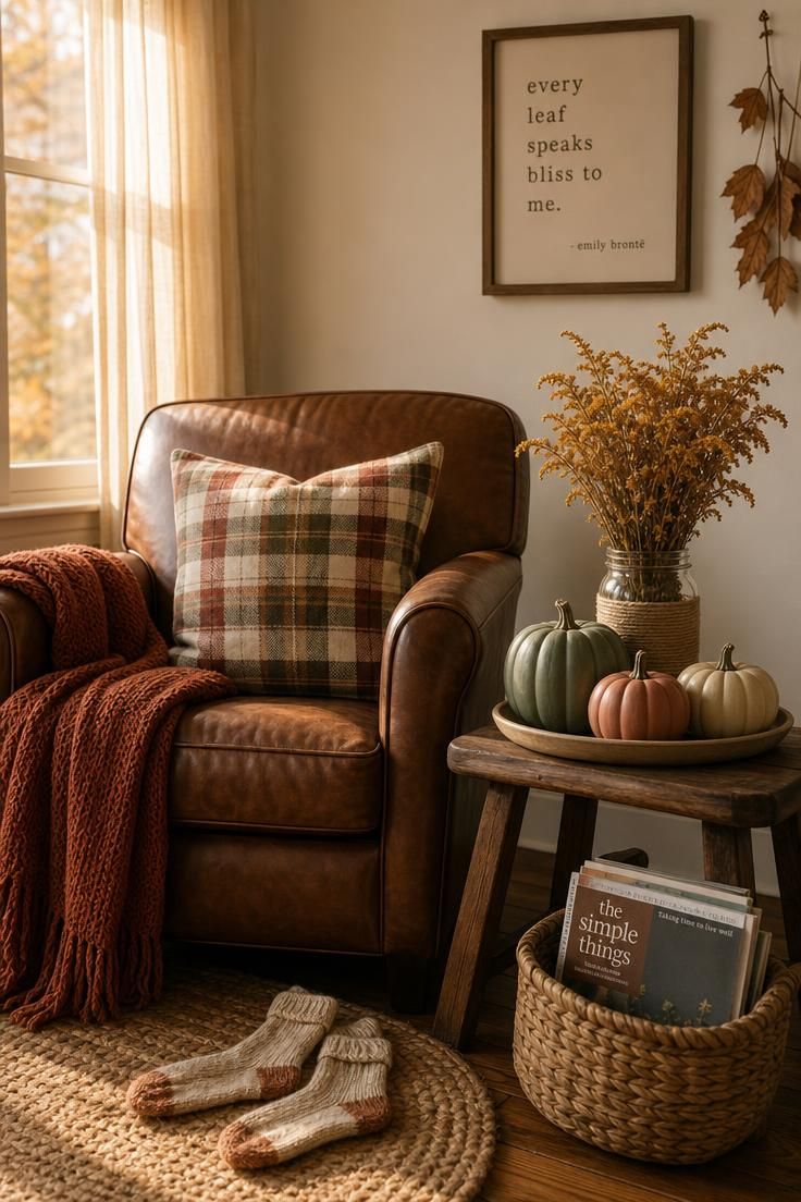Simple Spaces 17 A cozy living room corner styled for fall on a budget with a leather armchair, flannel pillow, dried goldenrod, and painted pumpkins in warm afternoon light
