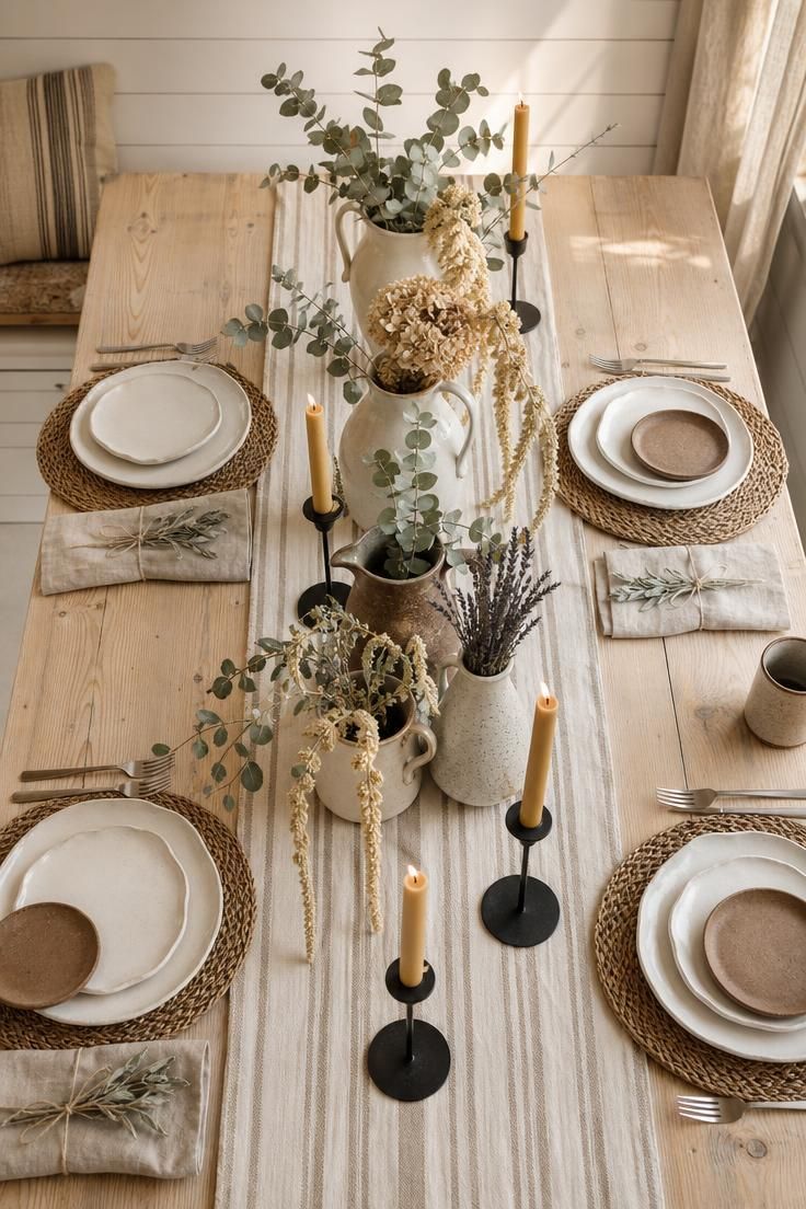 13 Cozy Fall Dining Table Decor Ideas for Warm Gatherings 1 Overhead view of a bleached pine dining table with seagrass placemats, dried botanicals in ceramic pitchers, and a striped linen runner.