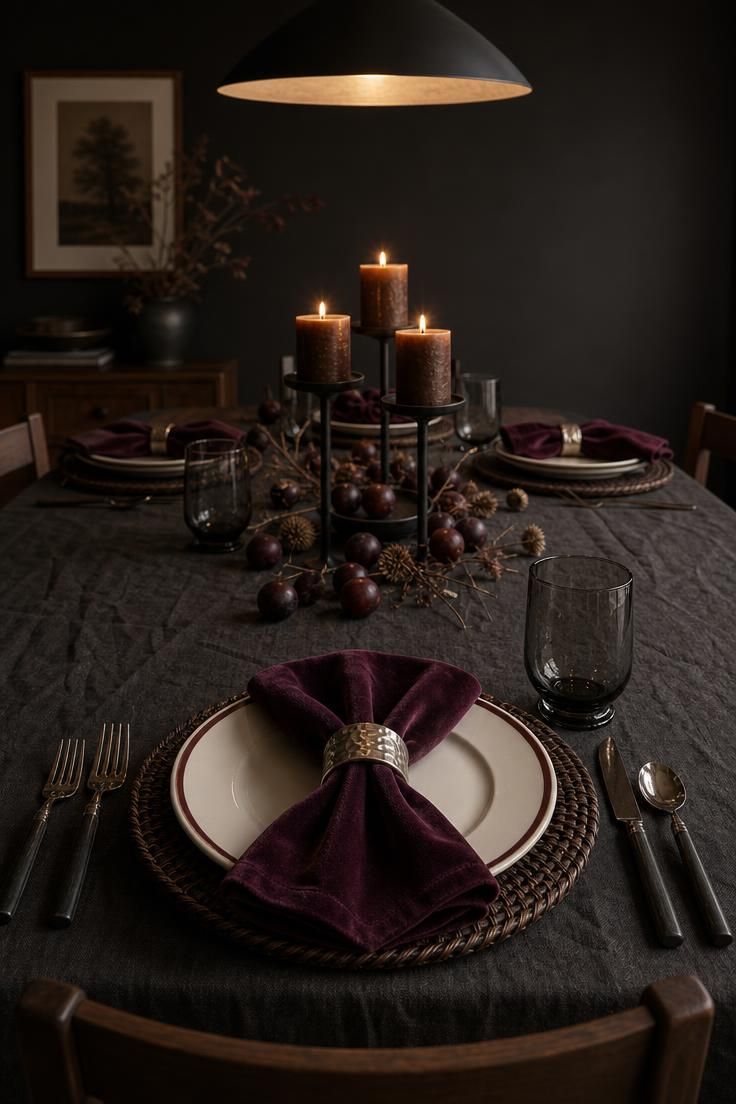 13 Cozy Fall Dining Table Decor Ideas for Warm Gatherings 2 Moody walnut dining table setting with deep plum velvet napkin, hammered silver ring, and dark honey pillar candles.
