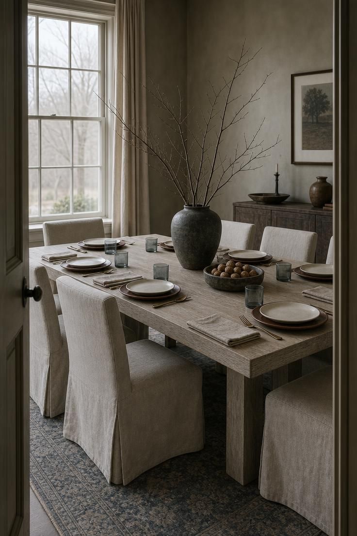 13 Cozy Fall Dining Table Decor Ideas for Warm Gatherings 3 Wide view of a limed oak dining table with bare maple branches in a slate-gray stoneware vessel and oxblood chargers.