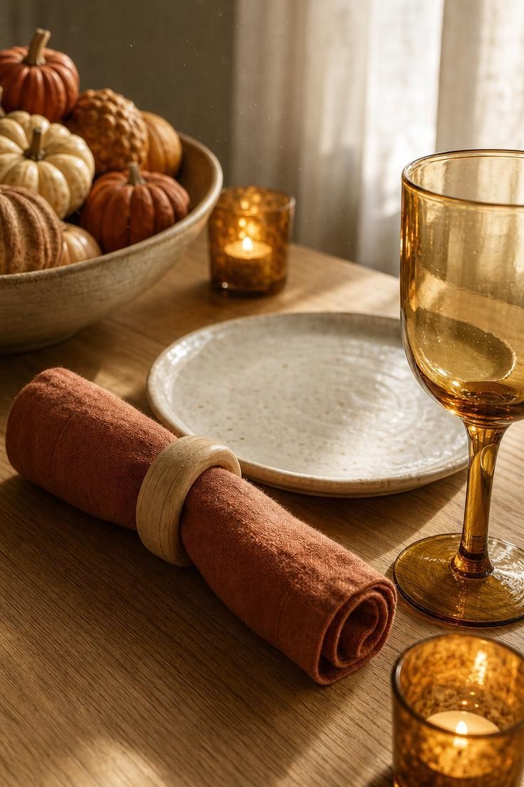 13 Cozy Fall Dining Table Decor Ideas for Warm Gatherings 4 Close-up of a rolled burnt sienna linen napkin in a wooden ring on a white oak table with amber glassware.