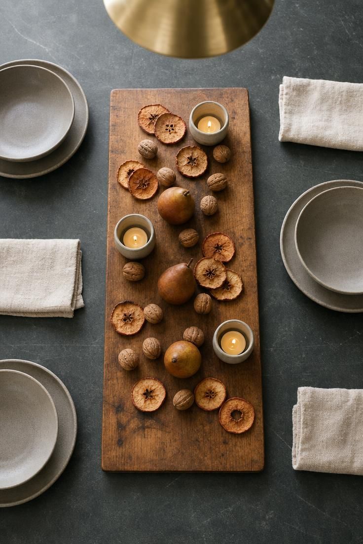 13 Cozy Fall Dining Table Decor Ideas for Warm Gatherings 5 Overhead view of dried apple rings, walnuts, and pears on a cider-stained maple board atop a soapstone kitchen island.