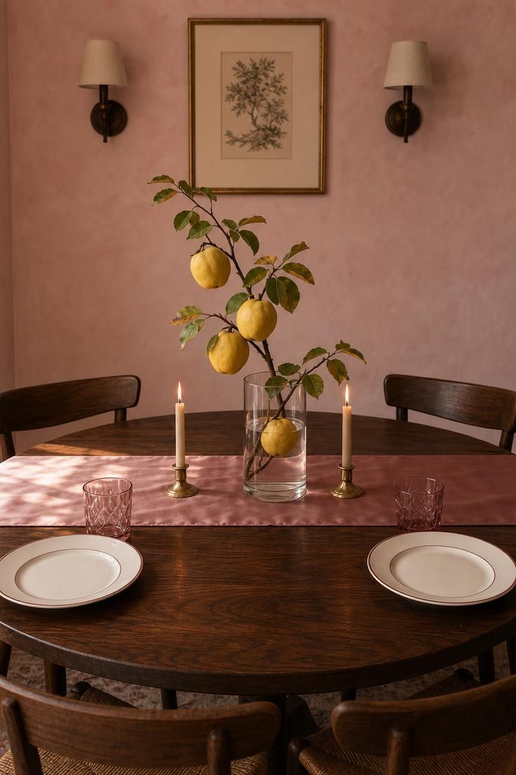 13 Cozy Fall Dining Table Decor Ideas for Warm Gatherings 6 Round walnut table with a dusty rose silk runner, a quince branch in a glass cylinder, and blush-tinted glassware.