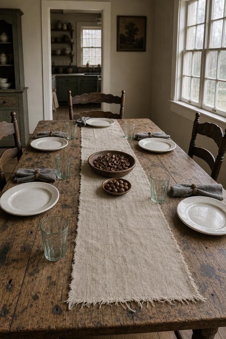 13 Cozy Fall Dining Table Decor Ideas for Warm Gatherings 7 Weathered oak table with a muslin runner, acorn caps as napkin rings, and white ironstone plates.
