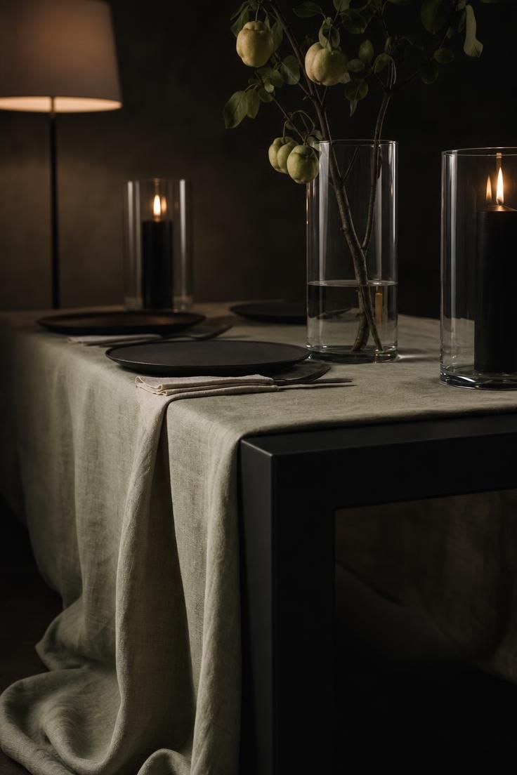 13 Cozy Fall Dining Table Decor Ideas for Warm Gatherings 8 Low-angle detail of a pale sage linen tablecloth on a matte black table with a quince branch in a glass cylinder.