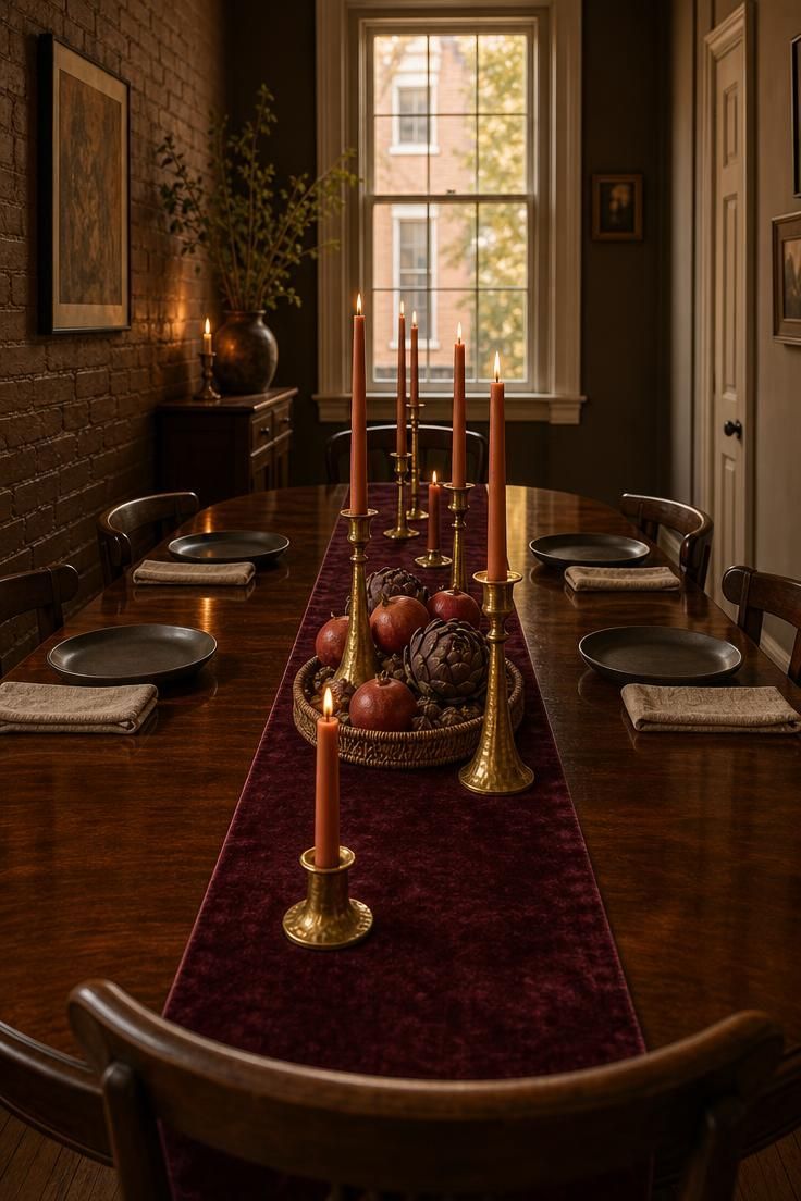 13 Cozy Fall Dining Table Decor Ideas for Warm Gatherings 9 Burgundy velvet runner with terracotta tapers in brass holders and a tray of pomegranates and artichokes on a dark walnut table.