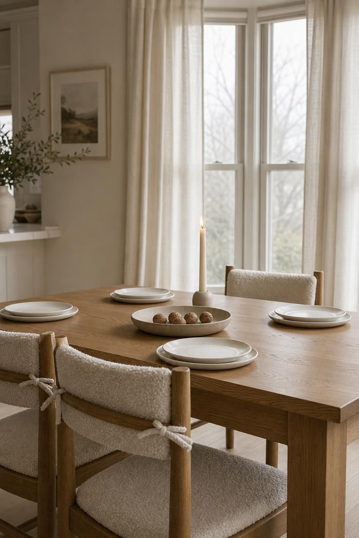13 Cozy Fall Dining Table Decor Ideas for Warm Gatherings 10 White oak table with a matte ivory dish of walnuts, a cream taper, and chairs with ivory wool boucle cushions.
