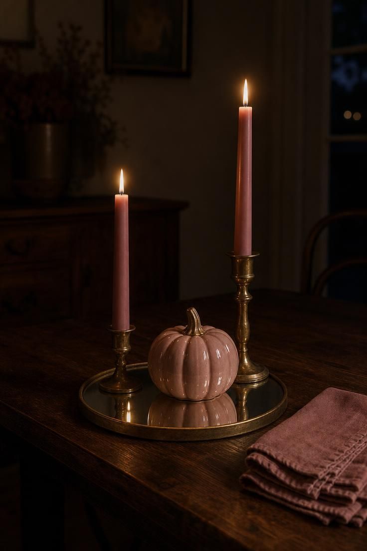 13 Cozy Fall Dining Table Decor Ideas for Warm Gatherings 12 Close-up of dusty rose taper candles in brass holders and a pink ceramic pumpkin on a black walnut table.