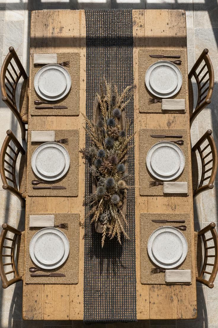 13 Cozy Fall Dining Table Decor Ideas for Warm Gatherings 13 Overhead view of a reclaimed pine table with a charcoal hemp runner, dried thistle centerpiece, and flax placemats.