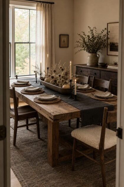 13 Cozy Fall Dining Table Decor Ideas for Warm Gatherings Cozy fall dining room with a reclaimed pine table, dried thistle centerpiece, taper candles, and warm neutral textiles.