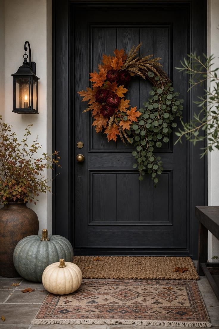 6 Fall Door Decorations That Already Feel Overdone—and What to Try Instead 1 Mixed fall wreath in amber and burgundy on a charcoal door with heirloom pumpkins below.