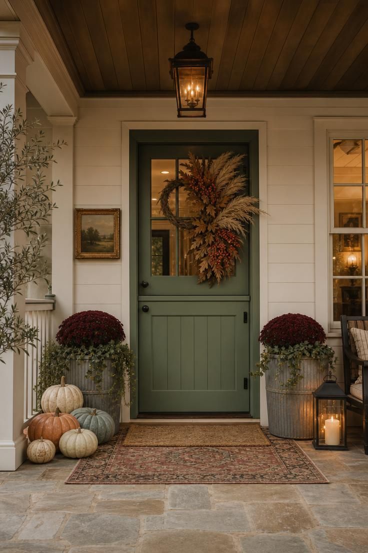 6 Fall Door Decorations That Already Feel Overdone—and What to Try Instead 3 Wide view of a coordinated fall doorscape with asymmetrical wreath, planters, pumpkins, and lantern.
