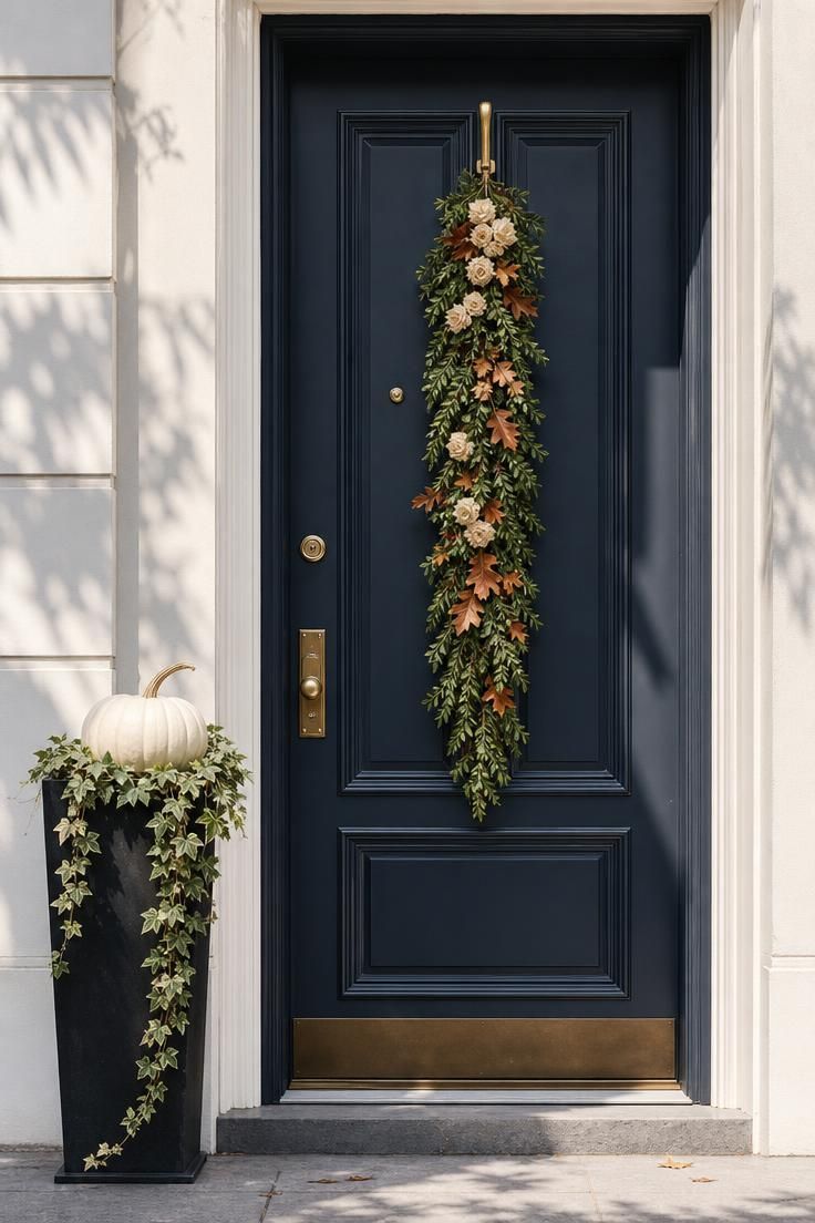 6 Fall Door Decorations That Already Feel Overdone—and What to Try Instead 4 Narrow front door with a vertical fall swag and single white pumpkin.