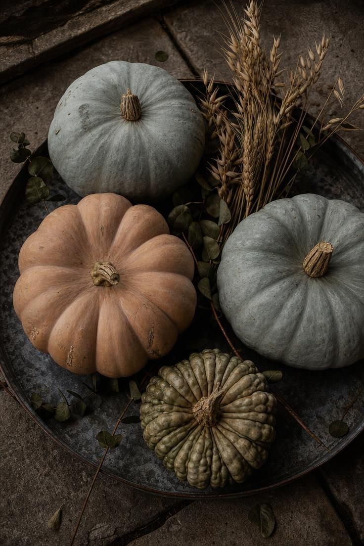 6 Fall Door Decorations That Already Feel Overdone—and What to Try Instead 5 Overhead view of heirloom pumpkins and dried botanicals on a zinc tray.