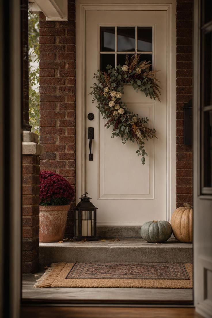 6 Fall Door Decorations That Already Feel Overdone—and What to Try Instead 6 Asymmetrical fall wreath and heirloom pumpkins on a brick bungalow front step.