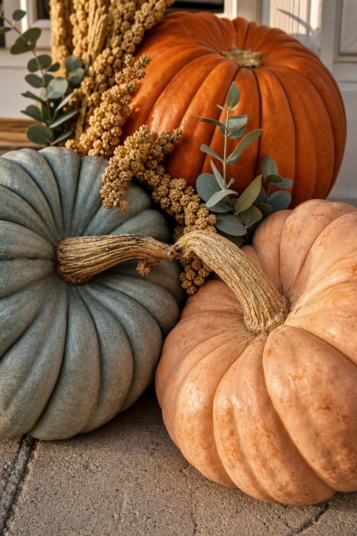 6 Fall Door Decorations That Already Feel Overdone—and What to Try Instead 7 Blue-gray, peachy-pink, and orange pumpkins grouped tightly with dried stems.