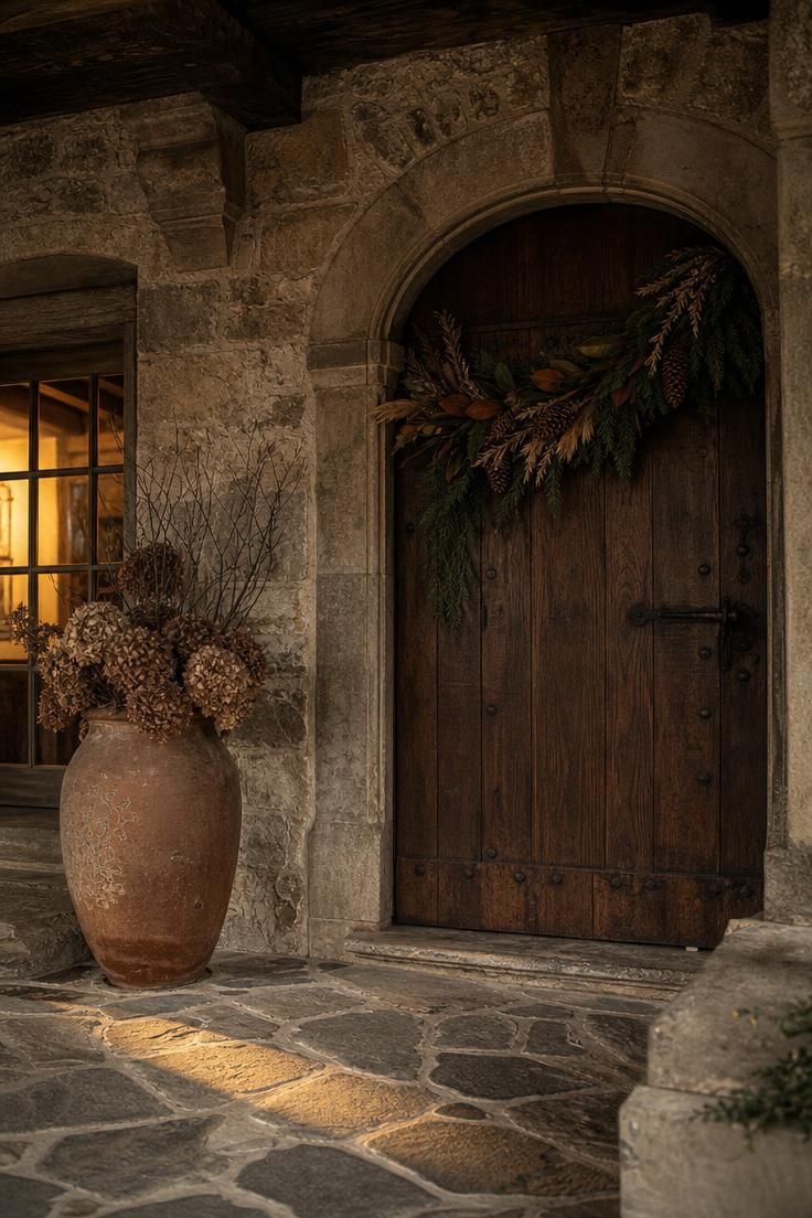 6 Fall Door Decorations That Already Feel Overdone—and What to Try Instead 8 Oak door with a draped garland of magnolia, wheat, and pinecones in a stone farmhouse entry.