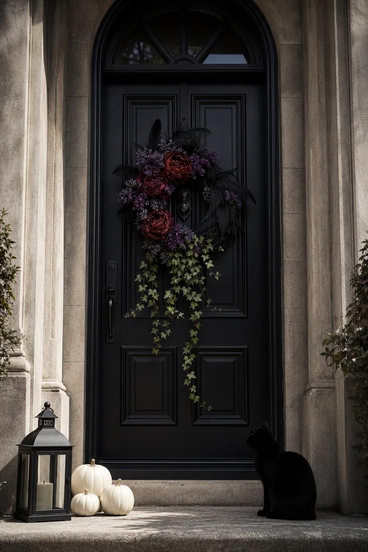 6 Fall Door Decorations That Already Feel Overdone—and What to Try Instead 9 Black front door with a dark floral wreath, black cat silhouette, and white pumpkins.