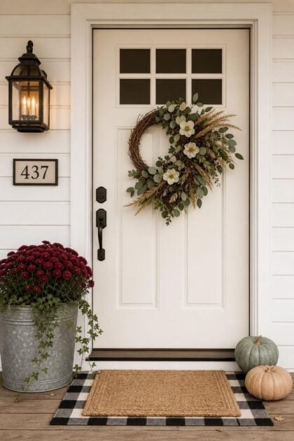 6 Fall Door Decorations That Already Feel Overdone—and What to Try Instead Modern farmhouse fall front door with an asymmetrical eucalyptus wreath, heirloom pumpkins, and a glowing lantern.
