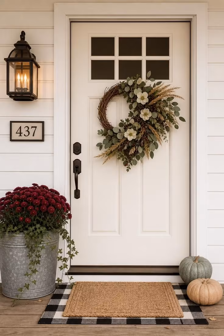 Simple Spaces 18 Modern farmhouse fall front door with an asymmetrical eucalyptus wreath, heirloom pumpkins, and a glowing lantern.
