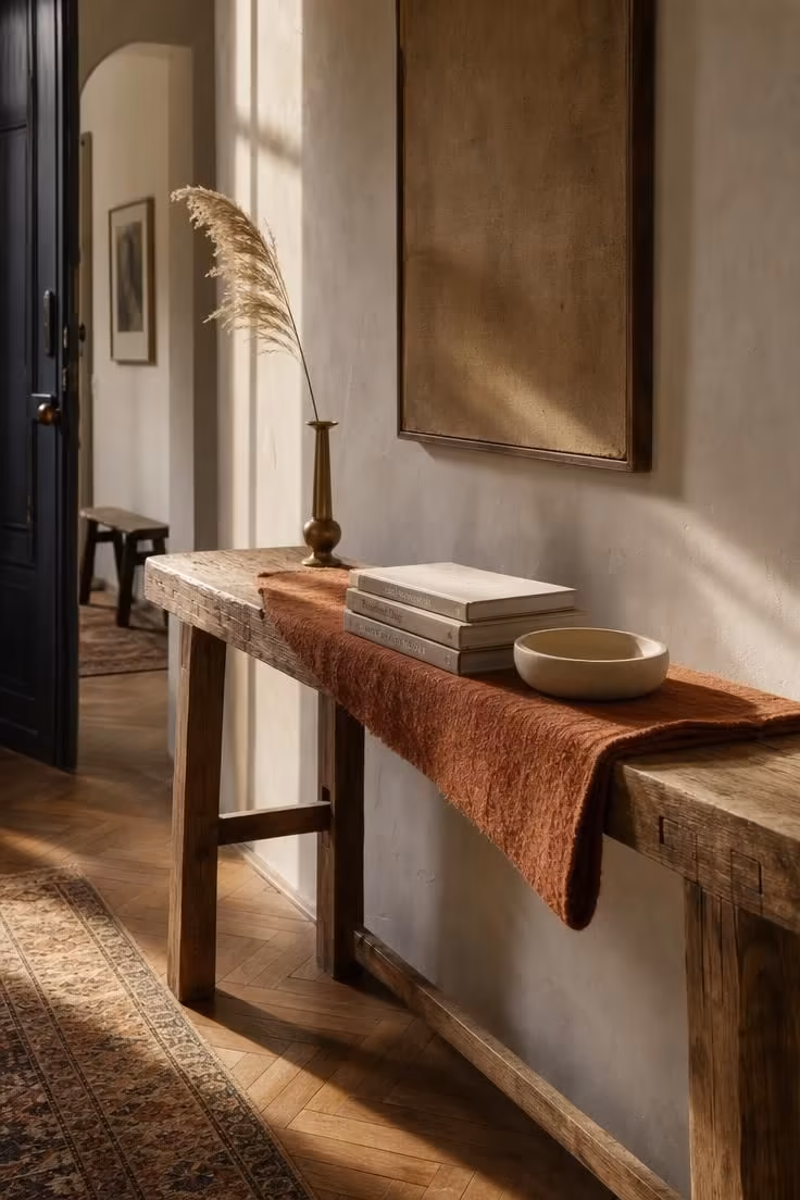 11 Warm Fall Entryway Decor Ideas to Love Coming Home 1 Reclaimed oak console table styled with a burnt sienna wool runner and dried pampas for fall entryway decor.