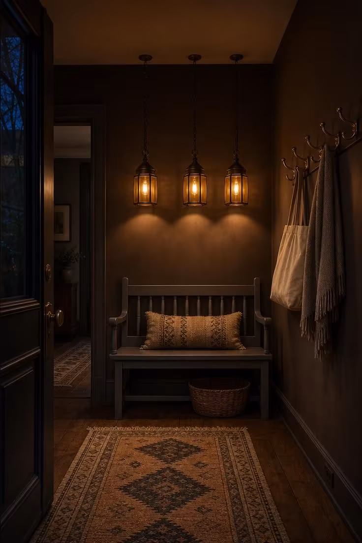 11 Warm Fall Entryway Decor Ideas to Love Coming Home 2 Amber glass pendant lanterns lit above a painted bench in a chocolate brown entry hallway.