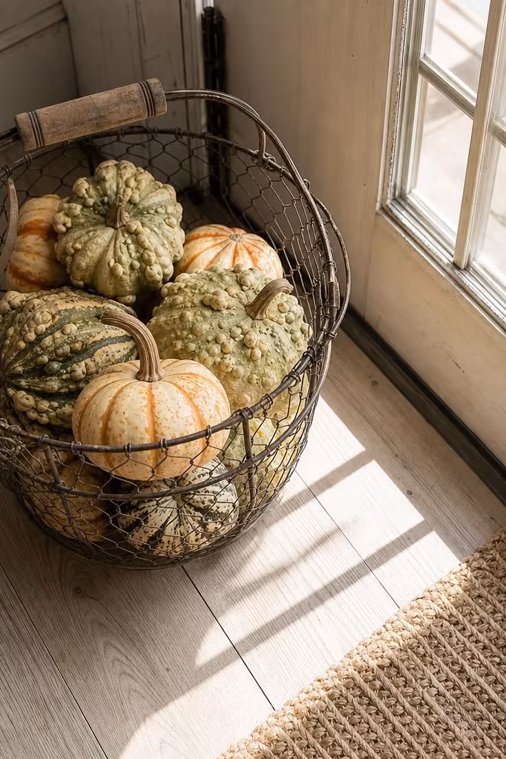 11 Warm Fall Entryway Decor Ideas to Love Coming Home 3 Wire egg basket filled with speckled gourds beside a bright entryway front door.