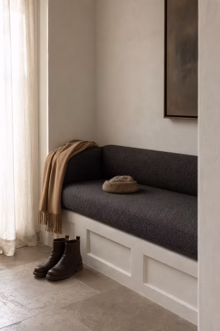 11 Warm Fall Entryway Decor Ideas to Love Coming Home 4 Charcoal bouclé entry bench with a folded camel throw and leather boots.