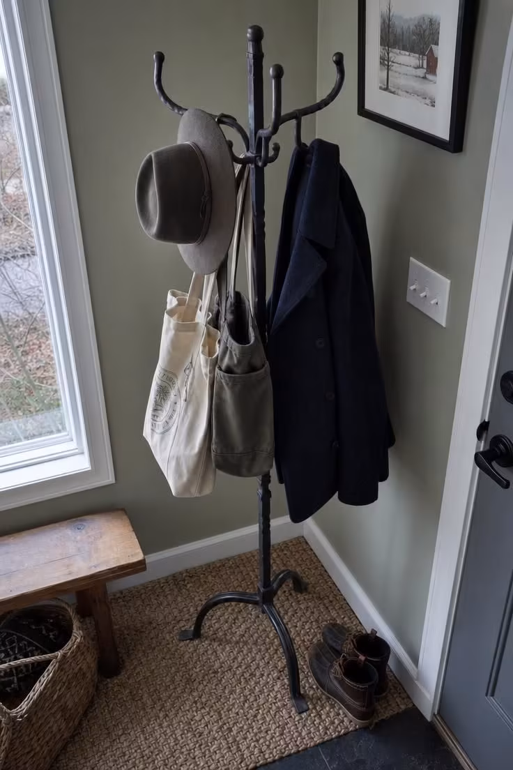 11 Warm Fall Entryway Decor Ideas to Love Coming Home 5 Iron coat rack hung with canvas totes, a felt hat, and a wool coat against a sage green wall.