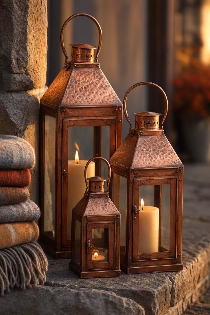 11 Warm Fall Entryway Decor Ideas to Love Coming Home 6 Cluster of copper lanterns on a stone ledge catching warm golden hour light.