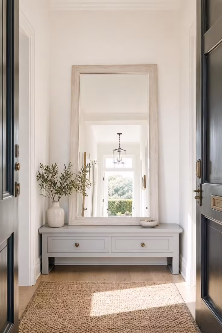 11 Warm Fall Entryway Decor Ideas to Love Coming Home 7 Whitewashed oak mirror leaned above a dove gray bench in a bright entry hall.