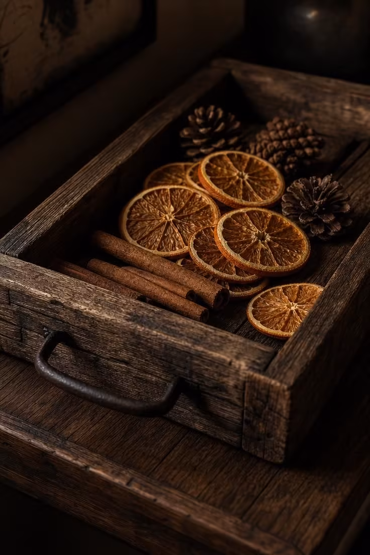 11 Warm Fall Entryway Decor Ideas to Love Coming Home 8 Reclaimed barn wood tray with dried orange slices and cinnamon sticks in moody low light.