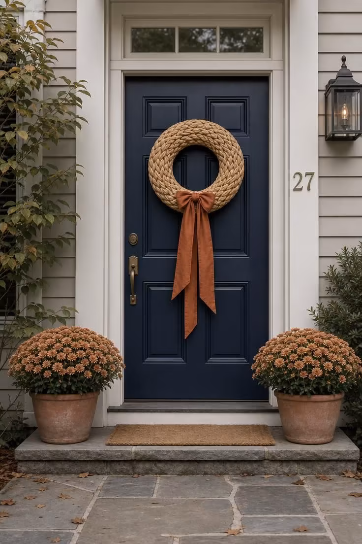 11 Warm Fall Entryway Decor Ideas to Love Coming Home 9 Woven raffia wreath with a rust ribbon on a navy front door flanked by potted mums.