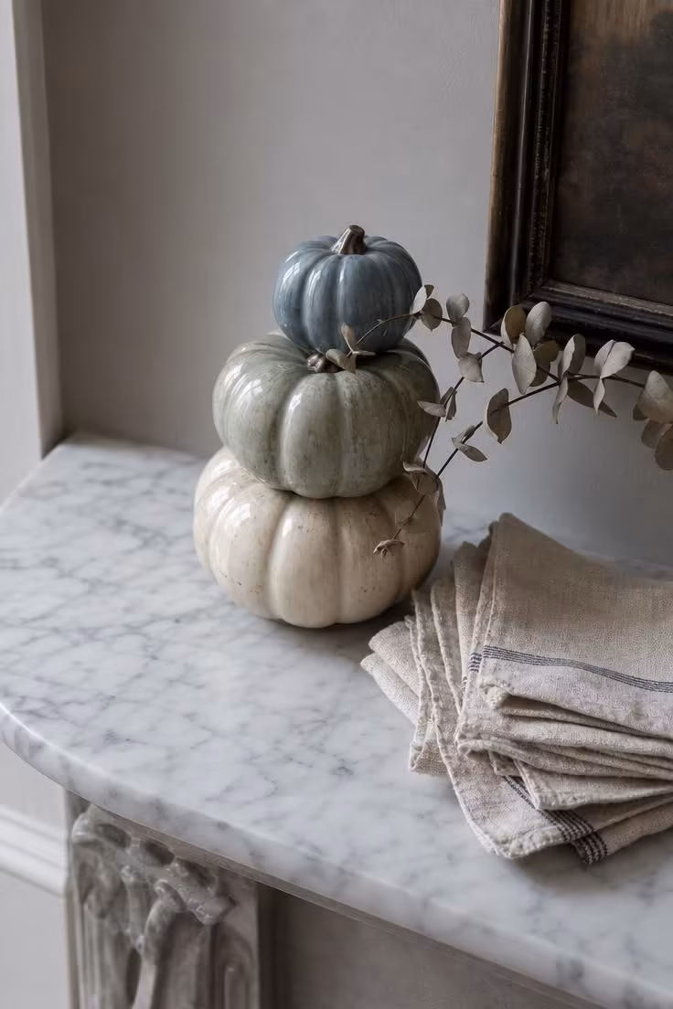 11 Warm Fall Entryway Decor Ideas to Love Coming Home 10 Mismatched ceramic pumpkins in cream, sage, and dusty blue stacked on a marble console ledge.