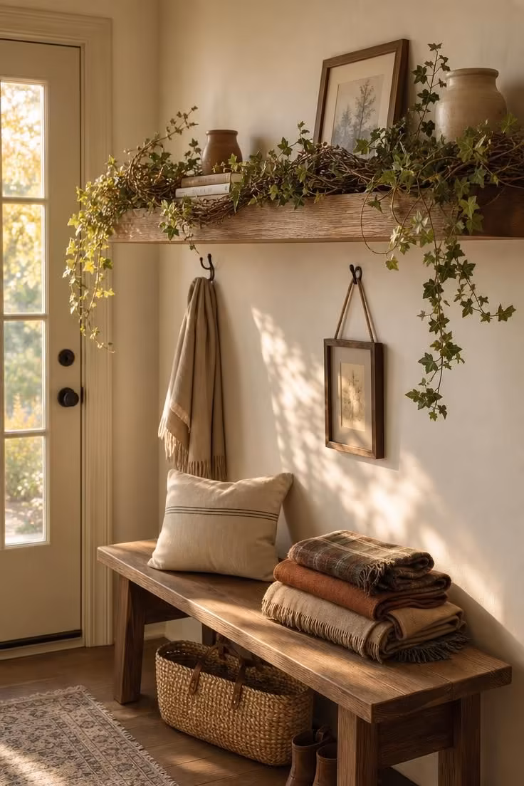 11 Warm Fall Entryway Decor Ideas to Love Coming Home 11 Grapevine garland with trailing ivy draped along a floating entry shelf in warm light.