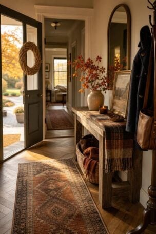 A complete fall entryway decor scene with a styled wood console, wool runner, and wreath in warm light.