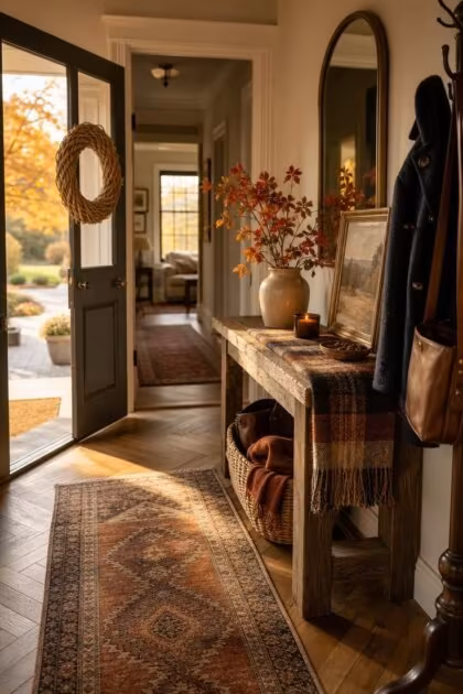 11 Warm Fall Entryway Decor Ideas to Love Coming Home A complete fall entryway decor scene with a styled wood console, wool runner, and wreath in warm light.