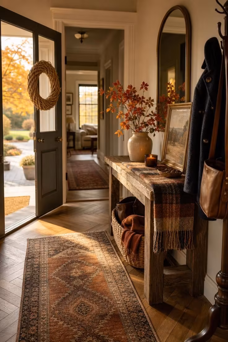Simple Spaces 16 A complete fall entryway decor scene with a styled wood console, wool runner, and wreath in warm light.