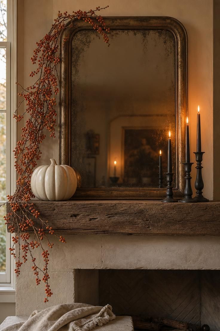 11 Cozy Fall Fireplace Mantel Decorating Ideas for Warmth 1 Warm fall mantel with tarnished bronze mirror, dried bittersweet vine, and blackened iron candlesticks.