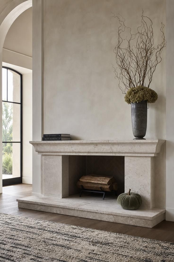 11 Cozy Fall Fireplace Mantel Decorating Ideas for Warmth 3 Tall zinc urn with curly willow and dusty green hydrangeas on one side of a limestone fireplace mantel.