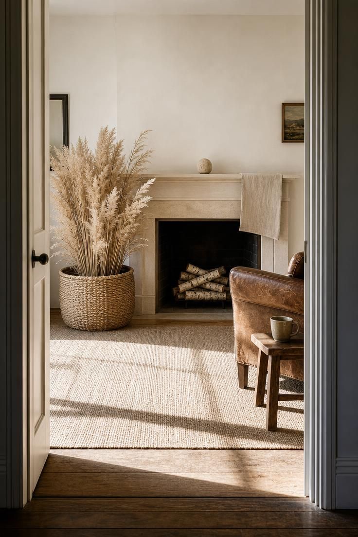 11 Cozy Fall Fireplace Mantel Decorating Ideas for Warmth 4 Woven seagrass basket with dried miscanthus beside a birch-log firebox under a minimal fall mantel.