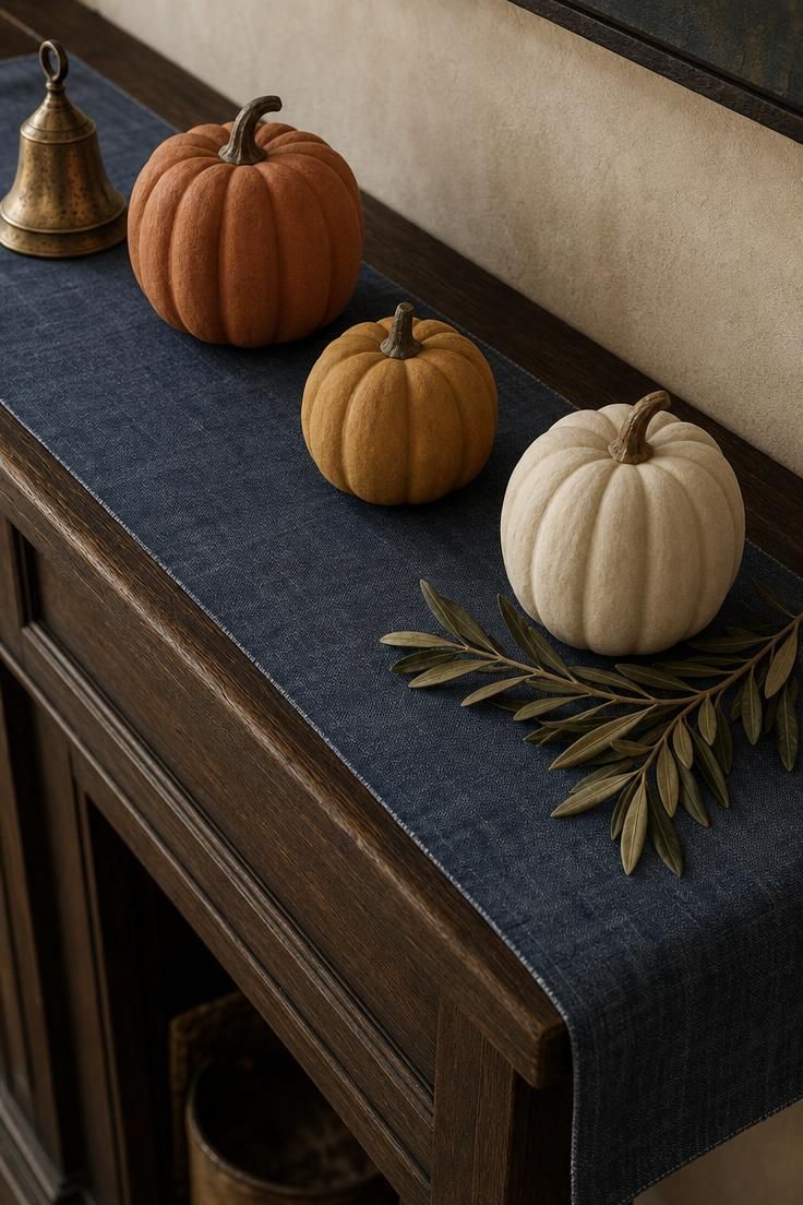 11 Cozy Fall Fireplace Mantel Decorating Ideas for Warmth 6 Faded indigo linen runner with a row of terracotta, mustard, and cream ceramic pumpkins on a dark mantel.