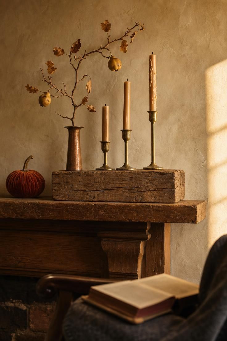 11 Cozy Fall Fireplace Mantel Decorating Ideas for Warmth 7 Weathered oak block with oxidized brass tapers and a single quince branch on a fall mantel.