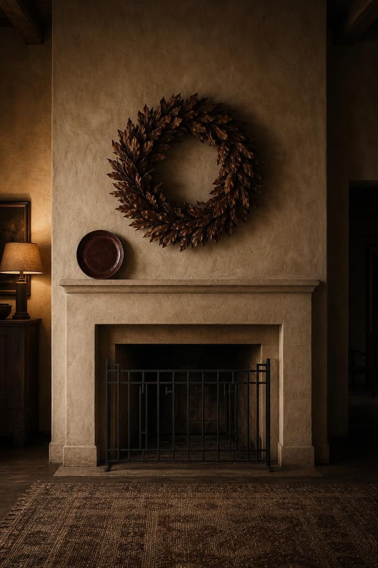 11 Cozy Fall Fireplace Mantel Decorating Ideas for Warmth 8 Dried magnolia wreath on raw plaster above a nearly empty mantel with black iron fireplace screen.