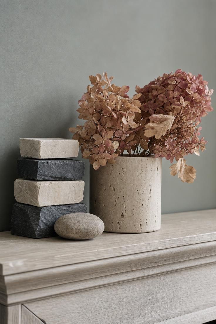 11 Cozy Fall Fireplace Mantel Decorating Ideas for Warmth 9 Stacked slate and soapstone totem with dried oak-leaf hydrangeas in a travertine vase on a cool fall mantel.