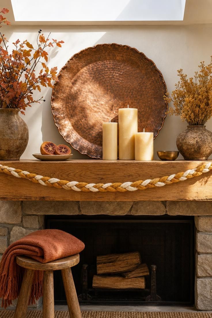 11 Cozy Fall Fireplace Mantel Decorating Ideas for Warmth 10 Hammered copper plate with fig-scented beeswax candles and dried persimmons on a warm fall mantel.