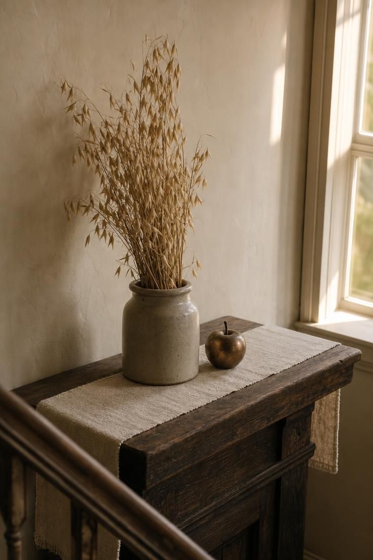 11 Cozy Fall Fireplace Mantel Decorating Ideas for Warmth 11 Stoneware crock with dried oat stalks and a single bronze apple on a dark wood fall mantel.