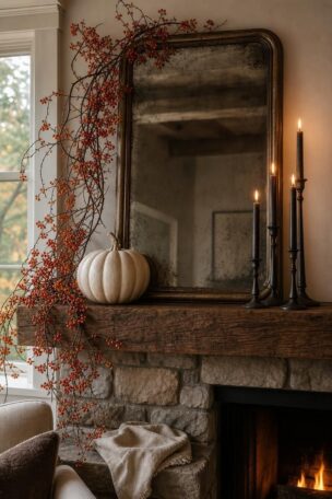 Fall fireplace mantel with tarnished bronze mirror, dried bittersweet vine, black iron candlesticks, and a cream ceramic pumpkin, warm candlelight.